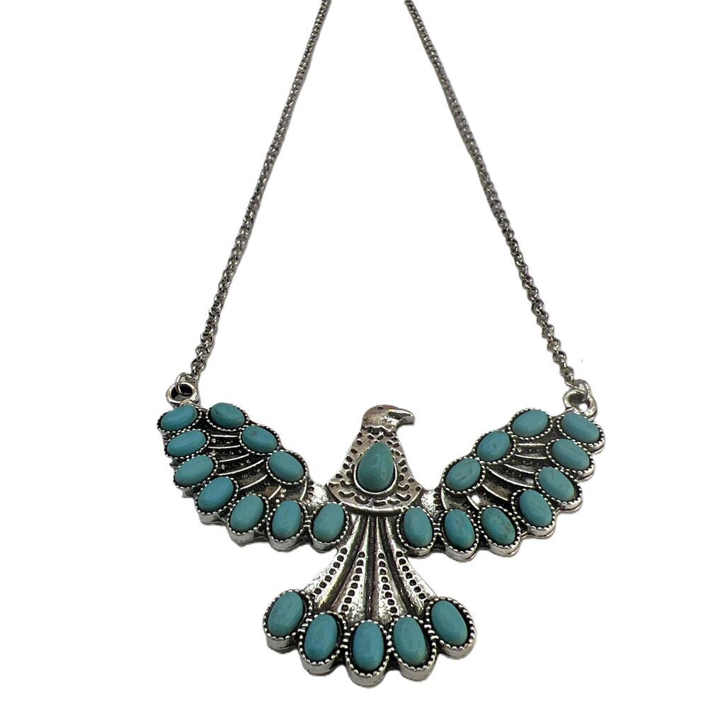 NEW Silver Faux Turquoise Phoenix Pendant Chain Necklace - Picture 9 of 11
